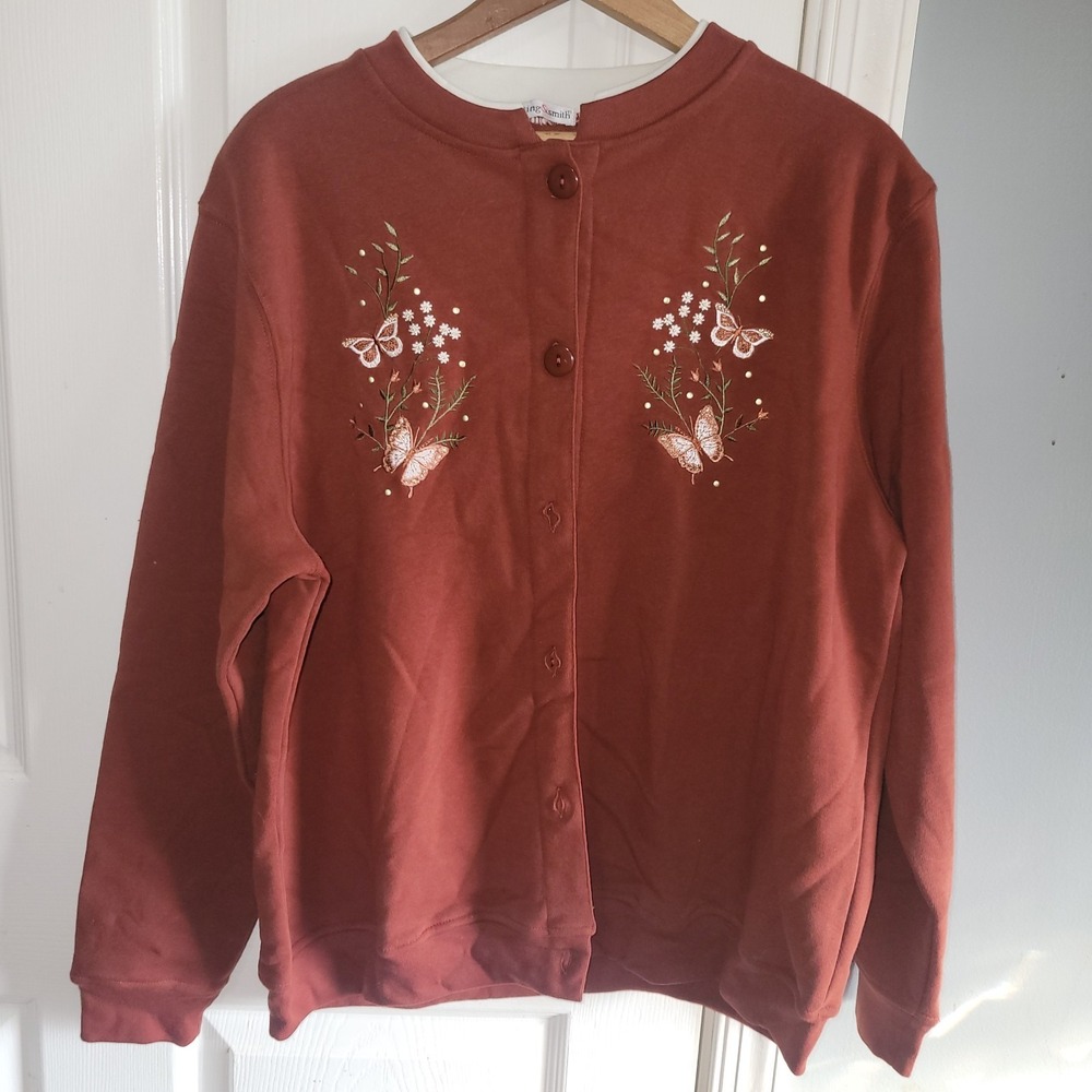 Vtg Hasting & Smith Burnt Red Embroidered Cardigan Sweatshirt Size PXL Petite XL